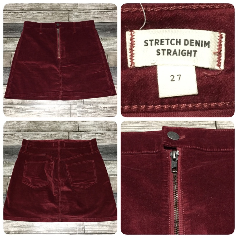 Madewell Velveteen Mini Skirt Size 27 Stretch Denim Straight Zip Front Burgundy